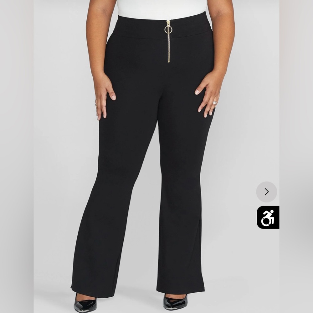 Fashion to Figure Elegant Black Ponte Gold Zipper Flair Pants